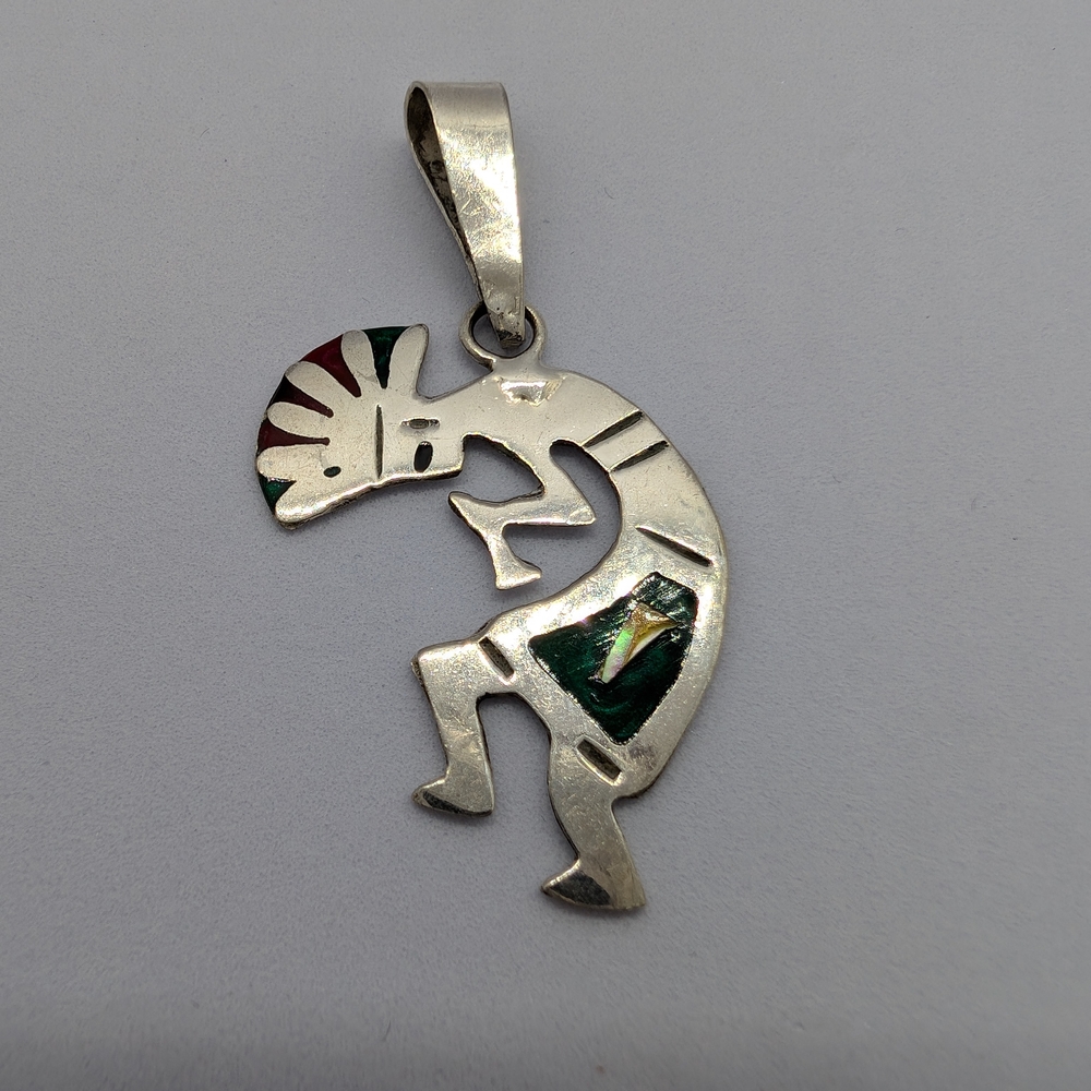 Vintage Kokopelli Flute Player Pendant 925 Silver with Red And Green Inlay